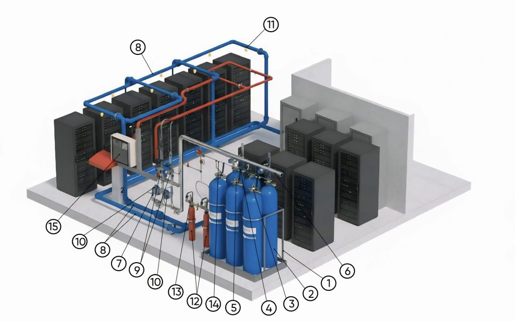 Sustav za gašenje požara plinom, s pripadajućim dijelovima